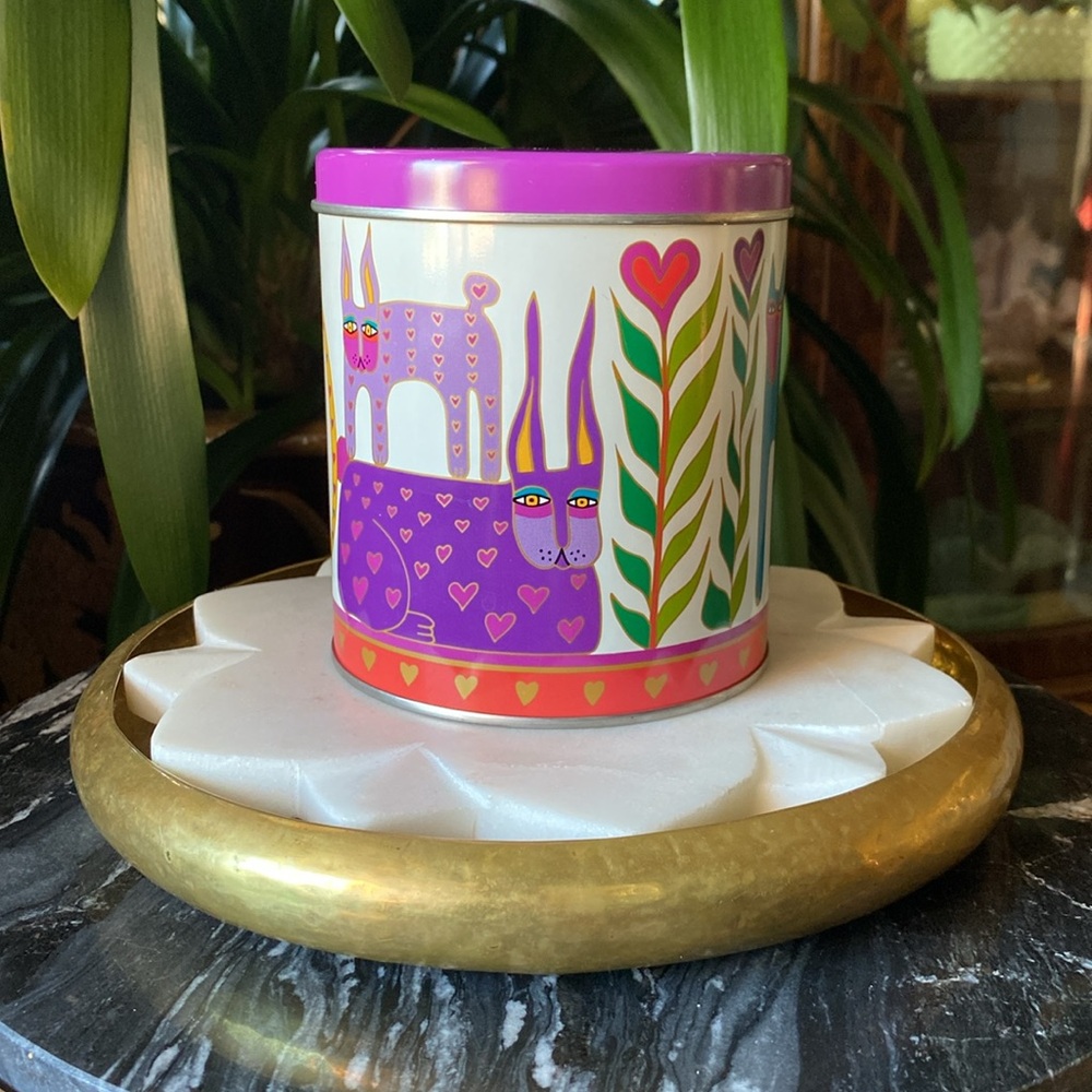 Vintage 1989 Laurel Burch Colourful Cats + Hearts Tin Canister -  Decorative Box